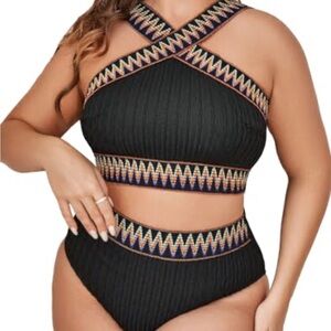 Black and Multicolor Patterned Bikini Set